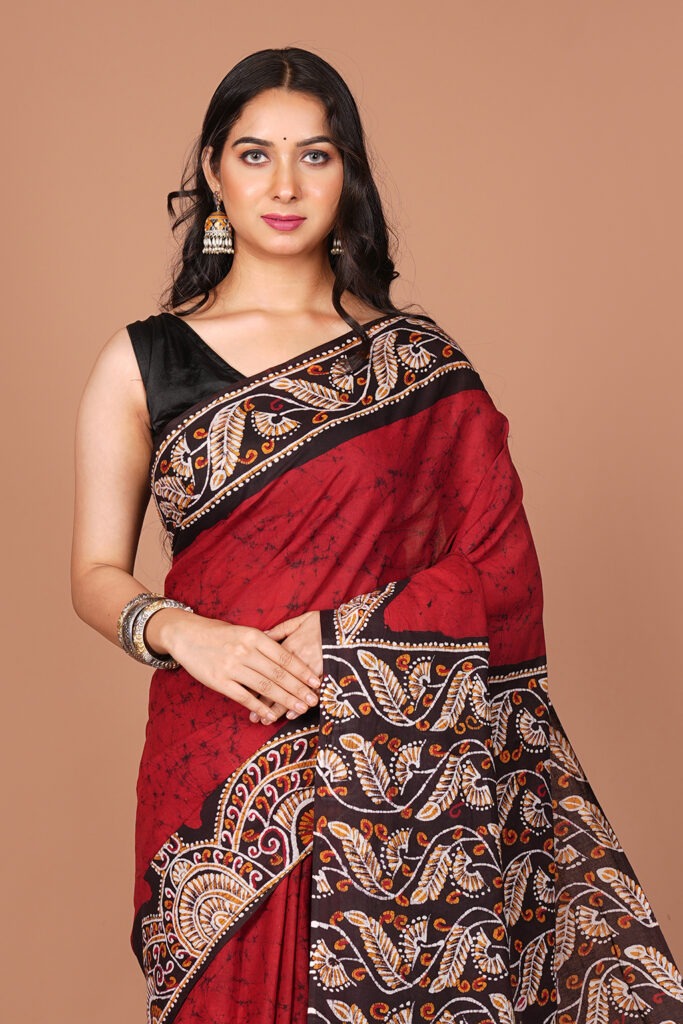 Maroon Hand Embroidered Kantha Stitch Tussar Silk Saree
