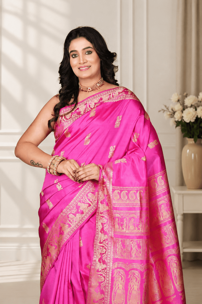 Banarasi / Kanjivaram Style Traditional Silk Saree (featuring intricate jacquard woven motifs and detailed pallu work).