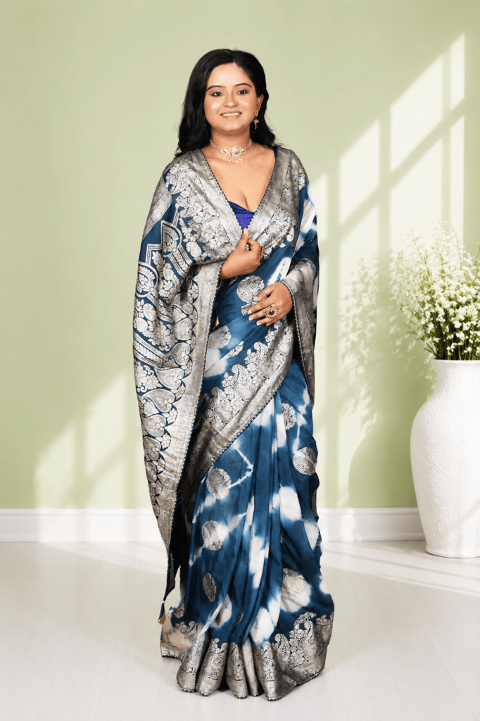 Bandhani / Leheriya-style Tie-Dye Banarasi Silk Saree with heavy Zari weaving.