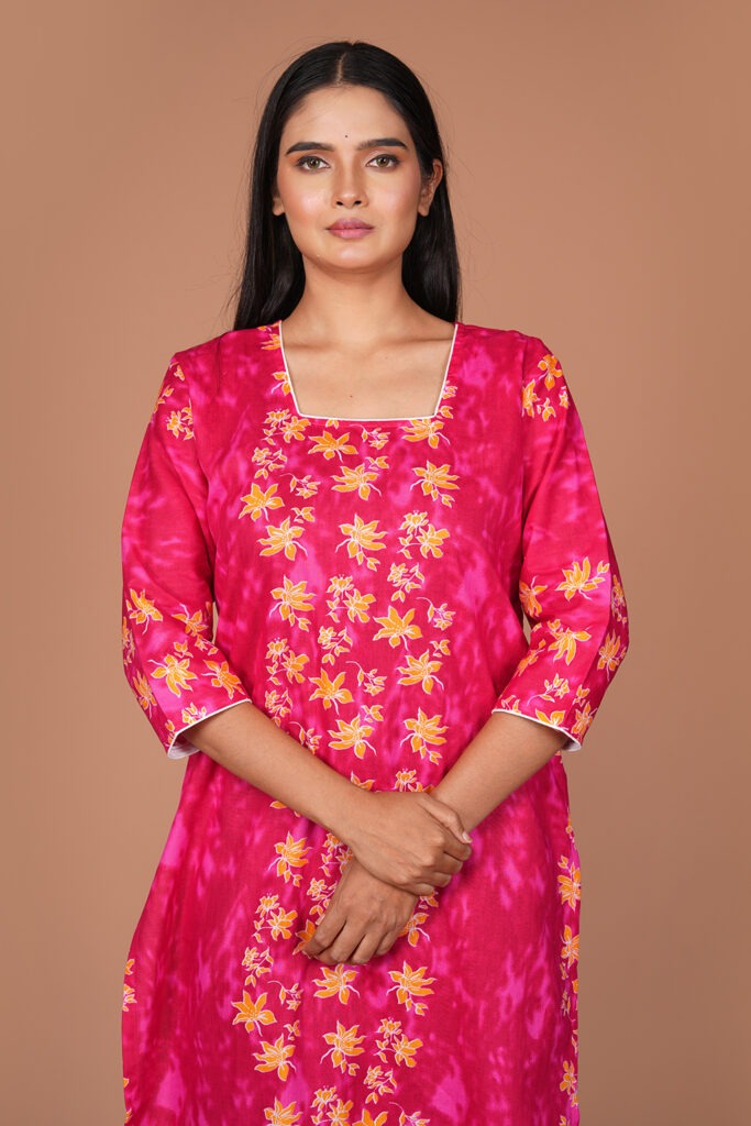 Rani Pink Floral Printed Cotton Straight Kurti