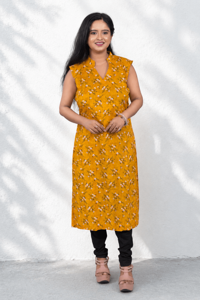 Sunflower Yellow Floral Printed Sleeveless Straight Kurti