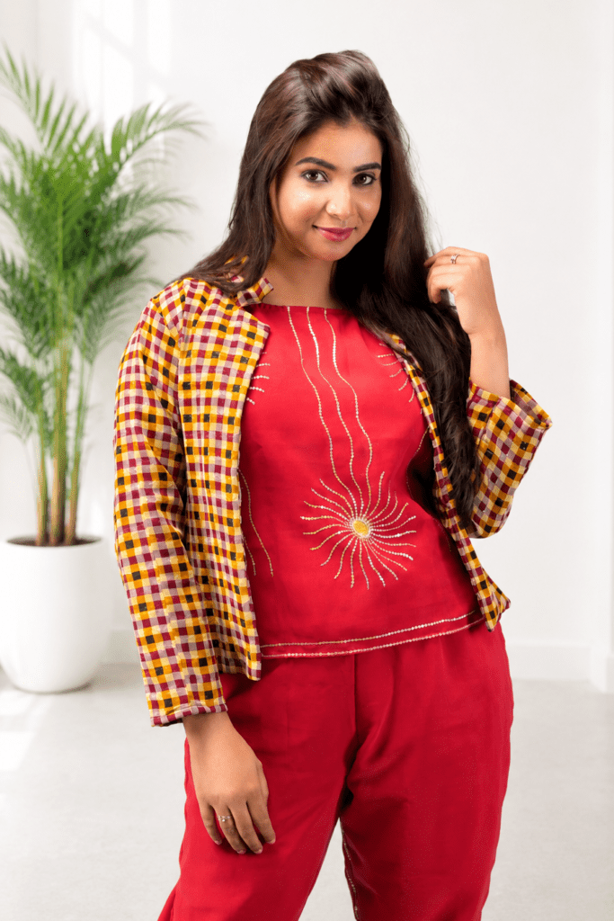 Fuchsia Bloom Designer Co-ord Set with Checked Jacket