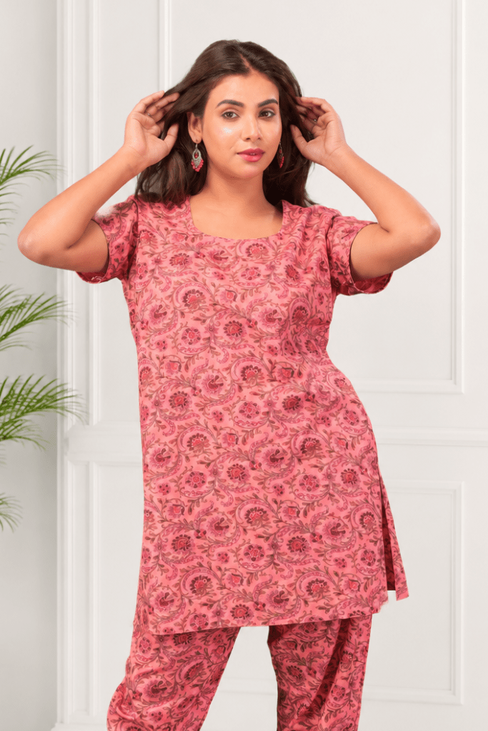 Vibrant Pink Ethnic Floral Cotton kurti Pant