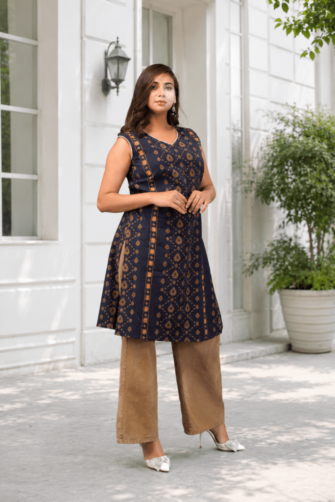 Midnight Blue Ethnic Motif Printed Sleeveless Cotton Kurti