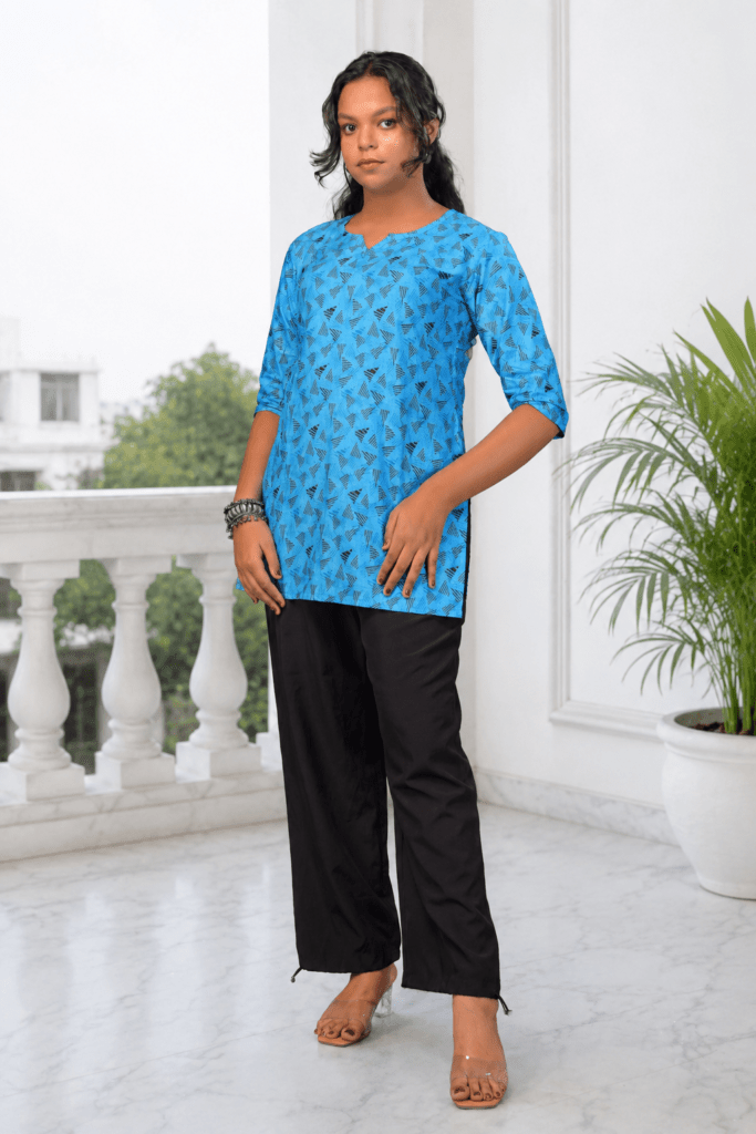 Vibrant Blue Geometric Printed Cotton Kurti