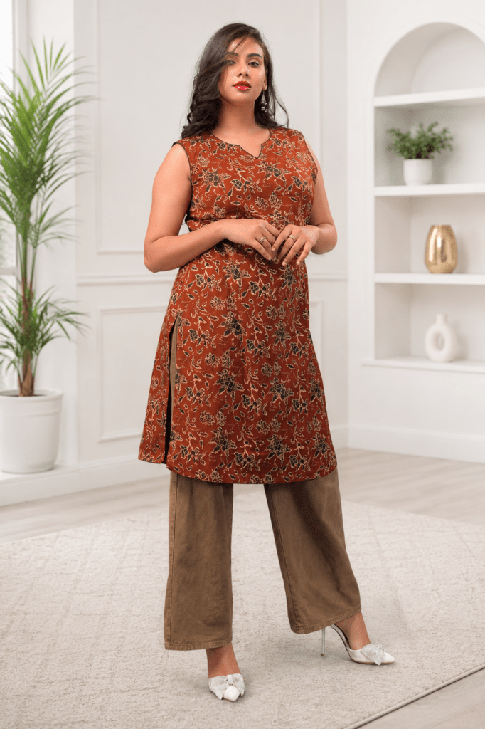 Rust Red Kalamkari Printed Sleeveless Cotton Kurti