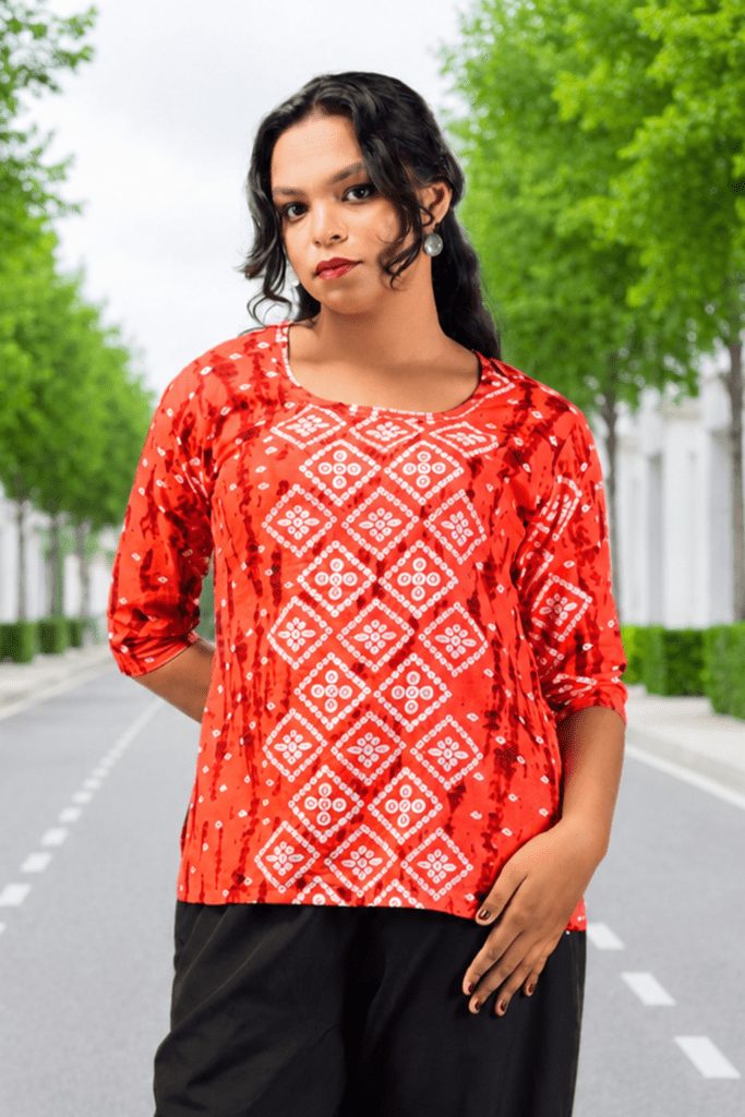 Orange Bandhani Print Cotton Short Kurti