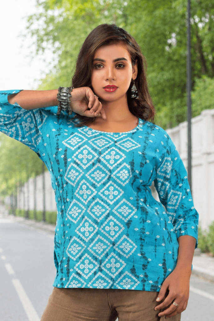Turquoise Blue Bandhani Print Cotton Short Kurti