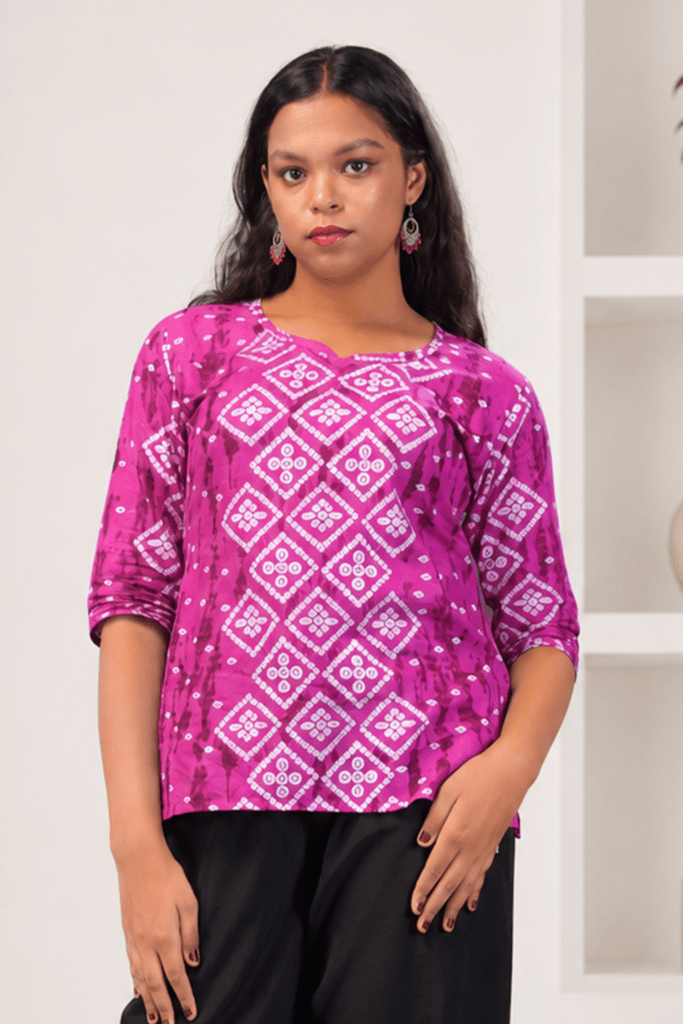 Magenta Pink Bandhani Print Cotton Short Kurti