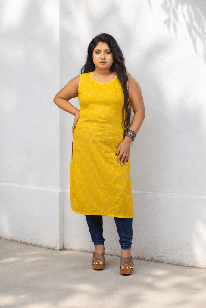 Mustard Yellow Striped Sleeveless Cotton Kurti