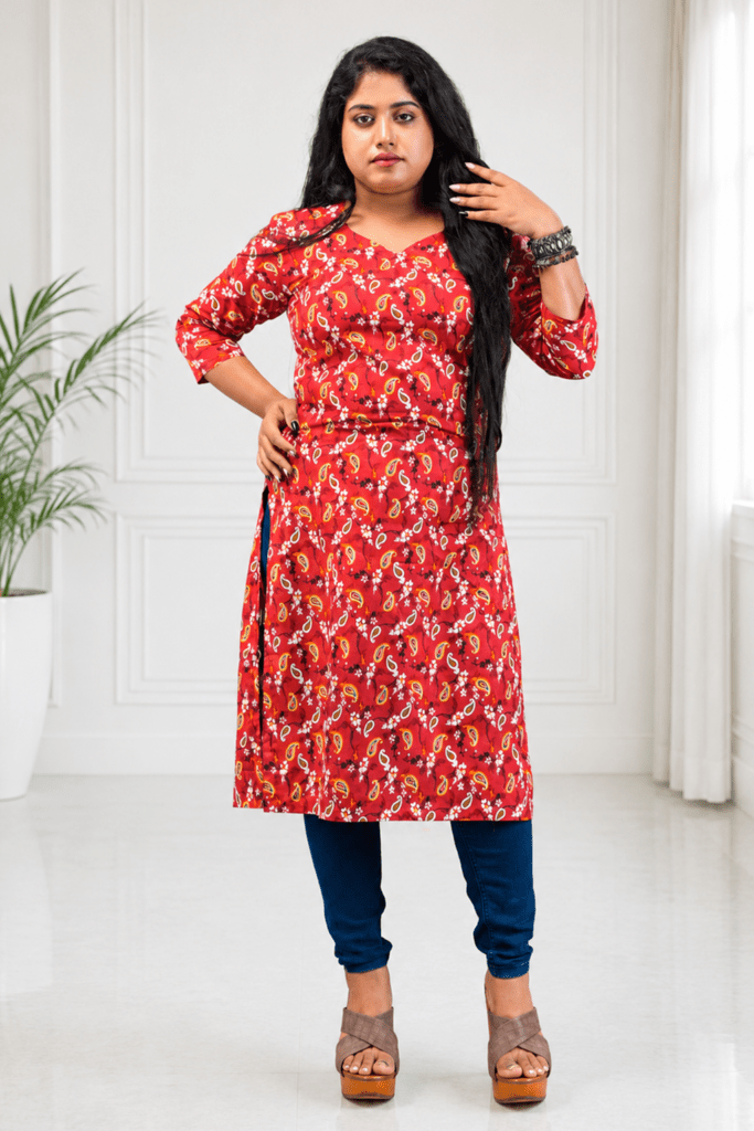 Brick Red Paisley Printed Cotton Kurti