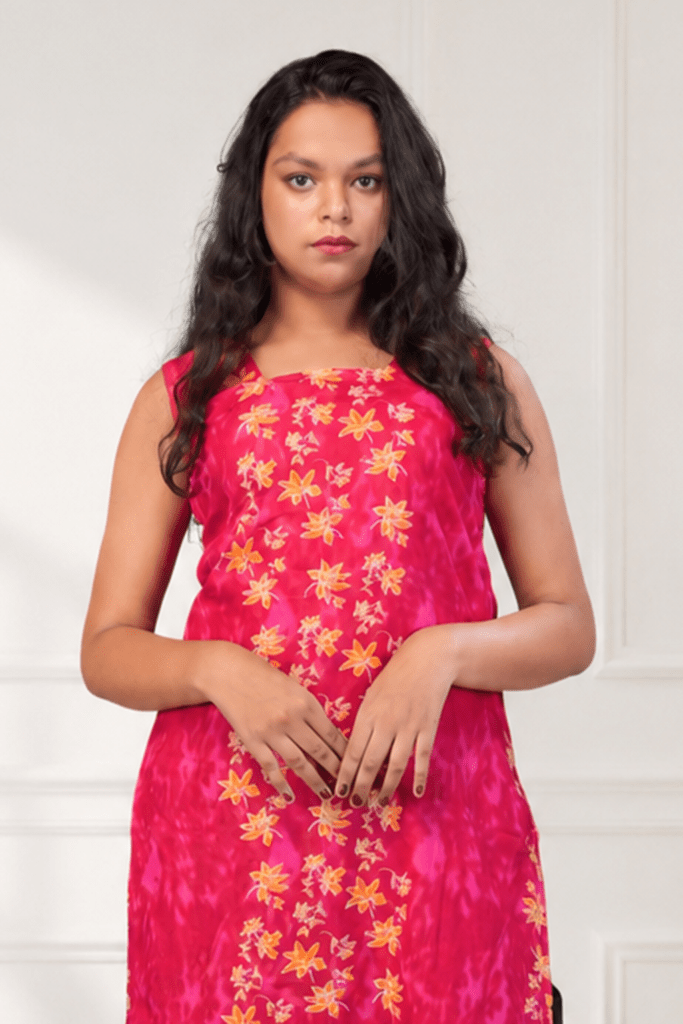 Bright Pink Floral Printed Sleeveless Cotton Kurti