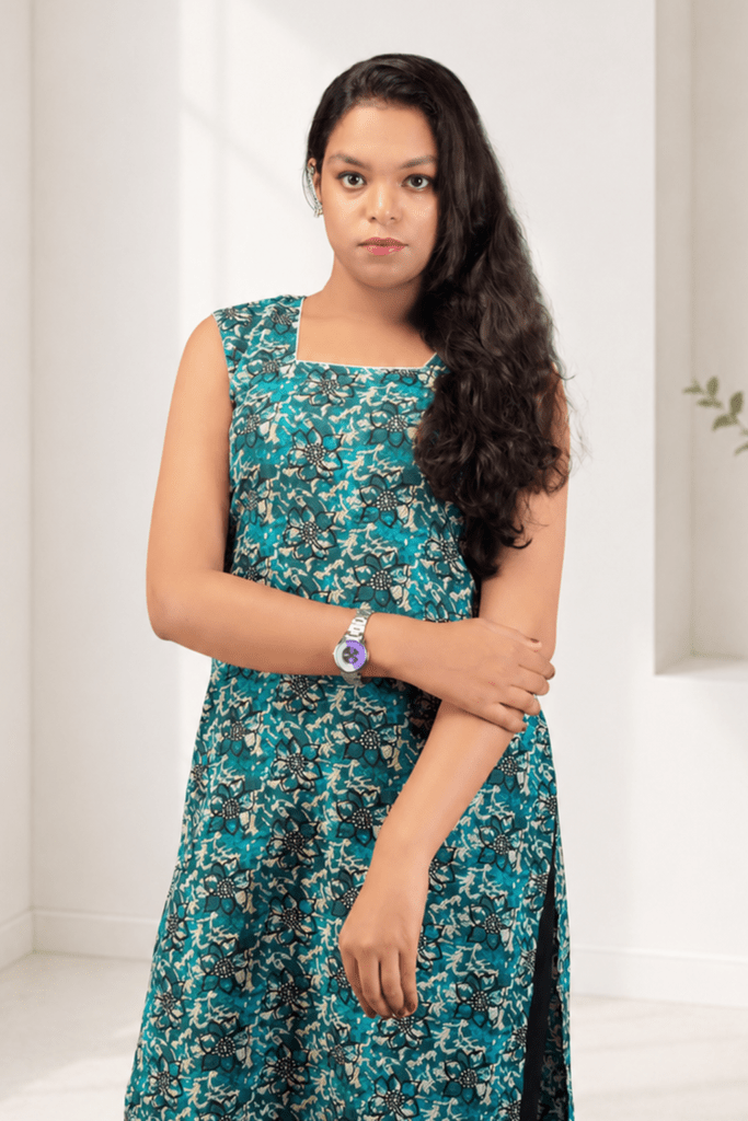 Women's Teal Green Floral Printed Sleeveless Cotton Kurti