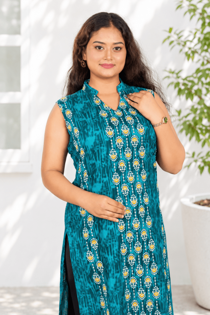 Women's Teal Blue Ethnic Printed Sleeveless Cotton Kurti