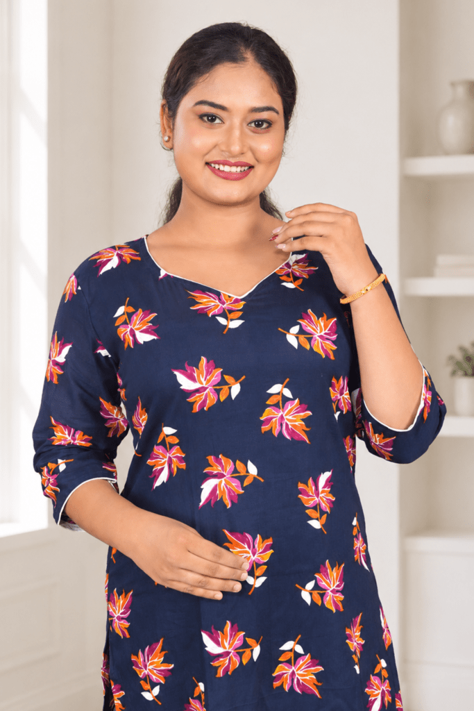 Navy Blue Floral Printed Straight Kurti