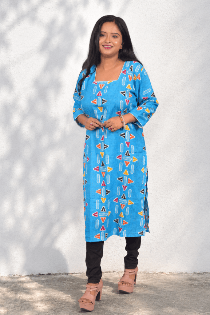 Aqua Blue Geometric Printed Straight Kurti