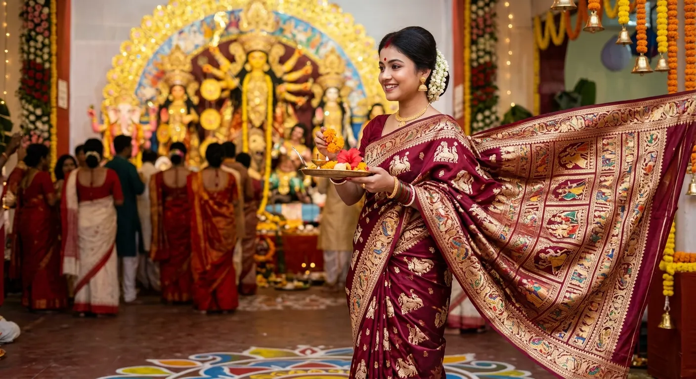 Baluchari silk saree with woven pallu, ideal dress for Durga Puja Ashtami