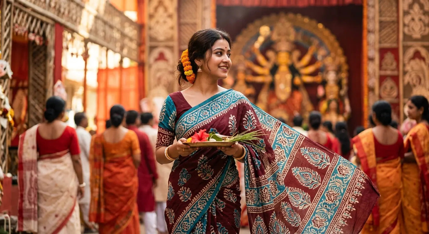 Woman wearing a hand batik cotton saree for Durga Puja Shashthi
