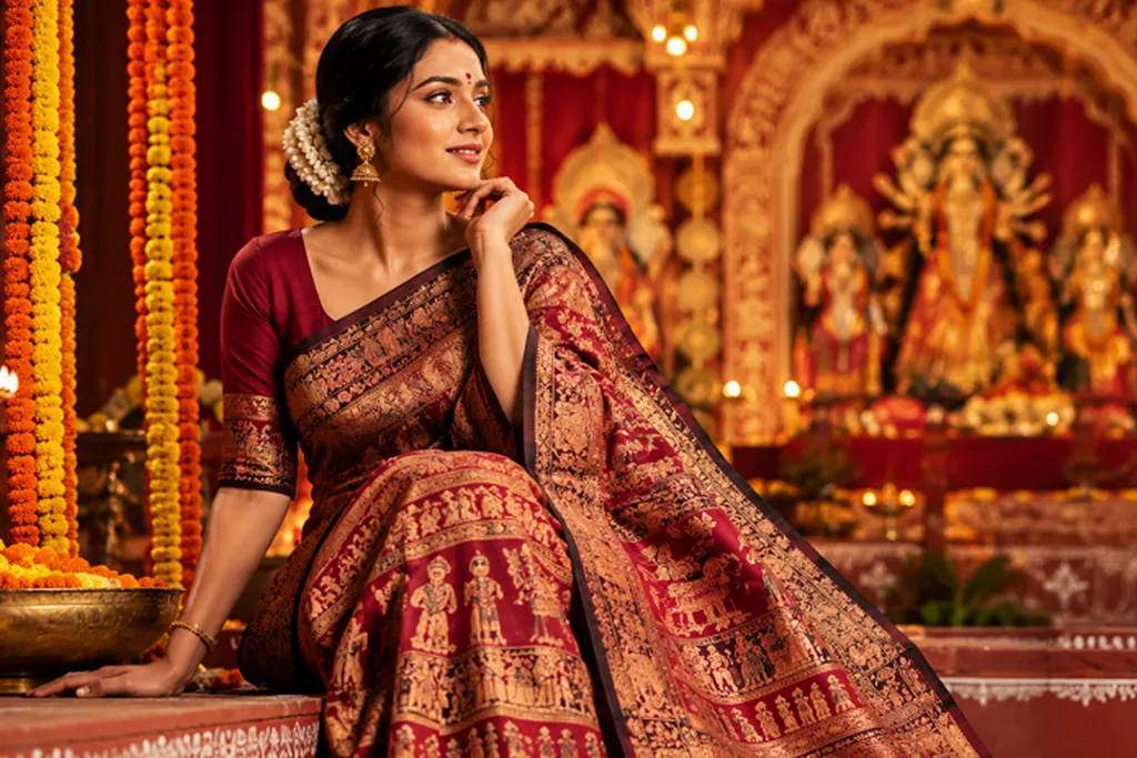 Durga Puja outfit ideas for women in handloom silk sarees