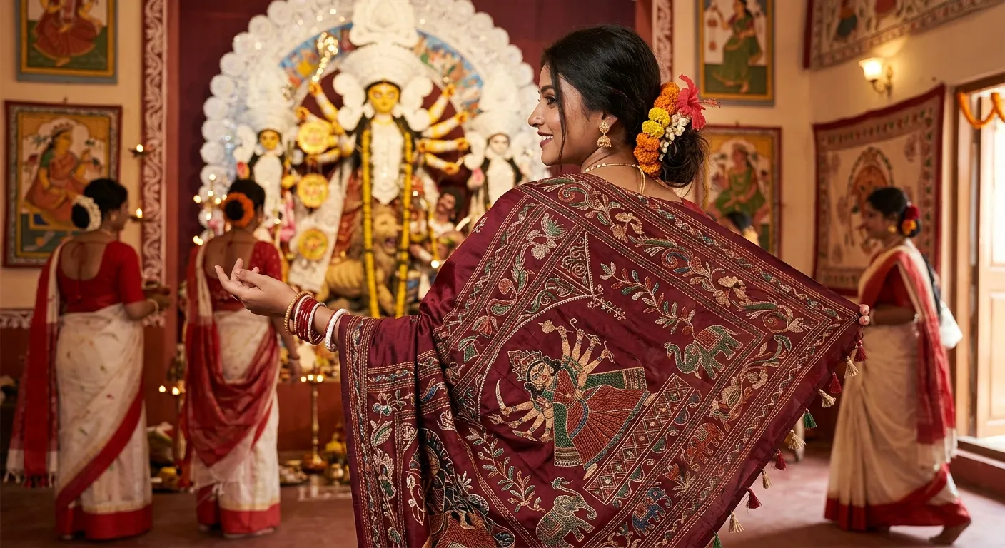 Hand embroidered Kantha stitch silk saree pallu for Durga Puja