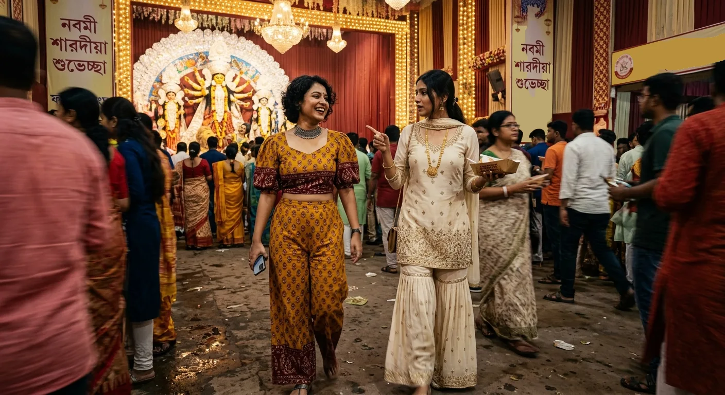Women in sharara and co-ord sets for Durga Puja Navami pandal hopping
