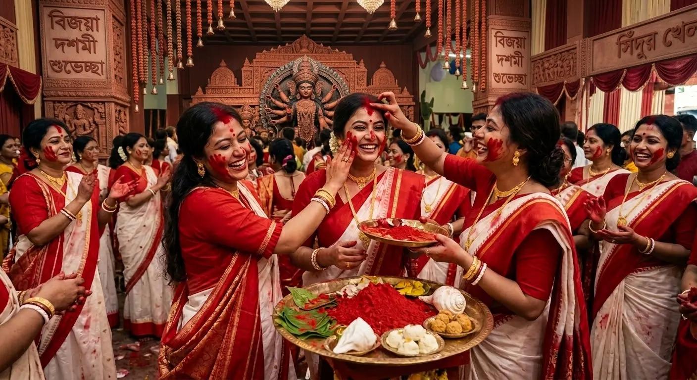 Women in red and white sarees playing sindoor khela on Vijaya Dashami